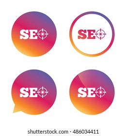 SEO sign icon. Search Engine Optimization symbol. Gradient buttons with flat icon. Speech bubble sign. Vector