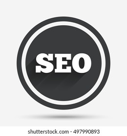 SEO sign icon. Search Engine Optimization symbol. Circle flat button with shadow and border. Vector