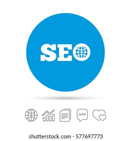 SEO sign icon. Search Engine Optimization symbol. Copy files, chat speech bubble and chart web icons. Vector