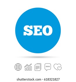 SEO sign icon. Search Engine Optimization symbol. Copy files, chat speech bubble and chart web icons. Vector