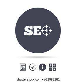 SEO sign icon. Search Engine Optimization symbol. Report document, information and check tick icons. Currency exchange. Vector