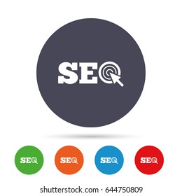 SEO sign icon. Search Engine Optimization symbol. Round colourful buttons with flat icons. Vector
