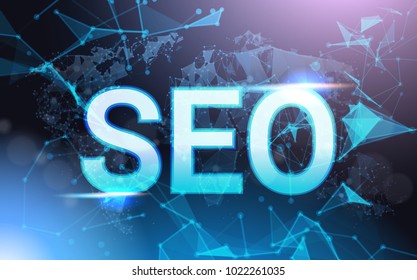 Seo Sign Over Futuristic Low Poly Mesh Wireframe On Blue Background Content Optimization Concept Vector Illustration
