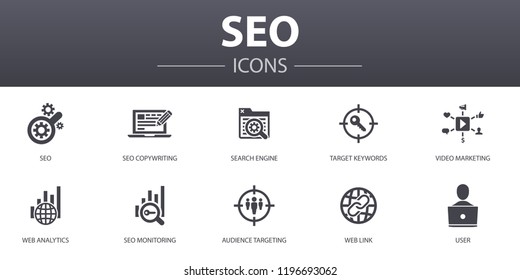 SEO simple concept icons set. Contains such icons as Search engine, Target keywords, Web analytics, SEO monitoring and more, can be used for web, logo, UI/UX