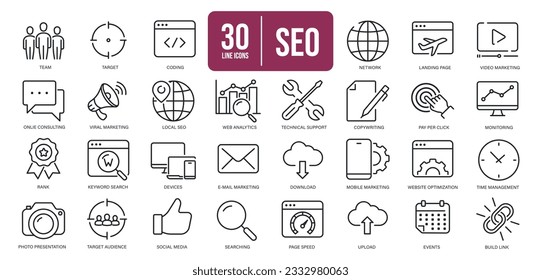 SEO simple minimal thin line icons. Related keyword, service, optimization, monitoring. Vector illustration. 