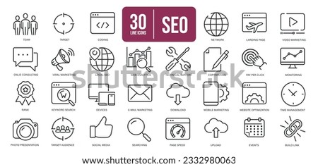 SEO simple minimal thin line icons. Related keyword, service, optimization, monitoring. Vector illustration. 