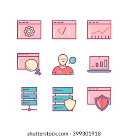 SEO sings set. Thin line art icons. Flat style illustrations isolated on white.