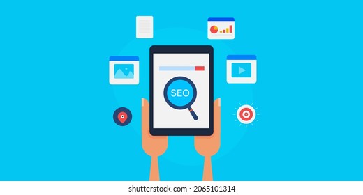 Concepto de smartphone SEO, SEO móvil, optimización de sitios web móviles, desarrollo de aplicaciones - ilustración vectorial de diseño plano con iconos