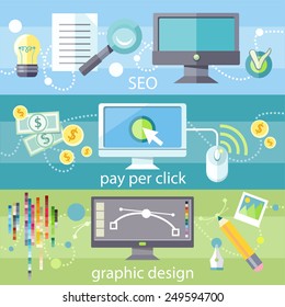 SEO social engineering optimization, programming process. Pay per click internet advertising model. Web graphic design. Program for design and architecture in flat design on banners