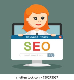 SEO Social management hold by businesswoman in monitor PC