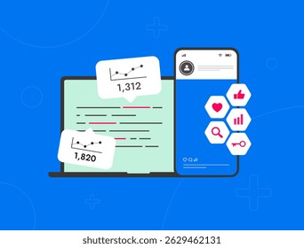 SEO conceito de estratégia de marketing de mídia social com otimização de mídia social, marketing de conteúdo, branding e planejamento de campanha. Seo palavras-chave otimizadas para ilustração de vetor de publicação