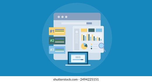 Informes de software de SEO, informe de tráfico de SEO de Sitio web, clasificación de Sitios web y supervisión del rendimiento herramienta SEO - antecedentes de la Ilustración vectorial