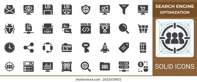SEO solid glyph icon pack. Vector sign and symbol set for digital marketing. Includes icons like email, bug, search, ranking, target, folder, code, analytics, rocket, filter, tag, security, funnel