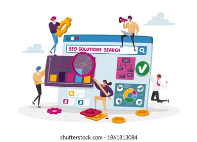 Seo Solutions and Business Data Analysis Concept. Tiny Characters Research Marketing Strategy, Analyzing Financial Statistics Data Charts on Huge Device, Analytics. Cartoon People Vector Illustration