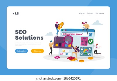 Seo Solutions and Business Data Analysis Landing Page Template. Tiny Characters Research Marketing Strategy, Analyzing Financial Statistics Data Charts on Device. Cartoon People Vector Illustration
