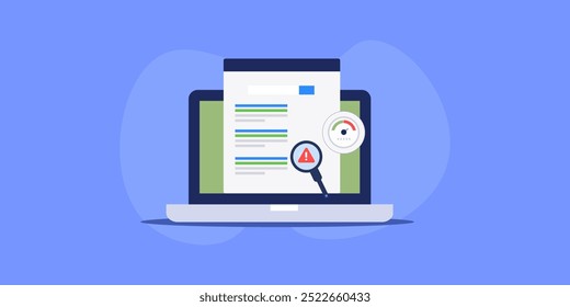 Comprobador de Enlace de spam SEO, comprobación de spam de Palabra clave SEO, etiquetas de Sitio web que aparecen en el motor de búsqueda - concepto de Ilustración vectorial con iconos