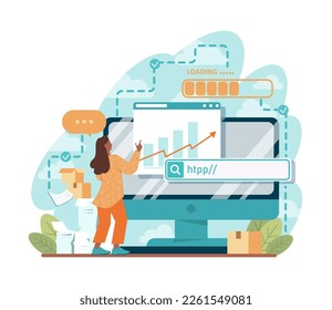 SEO specialist. Black female character works with search engine optimization for website as marketing strategy. Web page promotion in the internet, site audit. Flat vector illustration