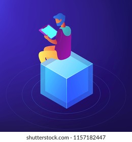 SEO specialist with clipboard working on content strategy. SEO content writer and copywriter, content strategist, report and analysis concept. Blue violet background. Vector 3d isometric illustration.