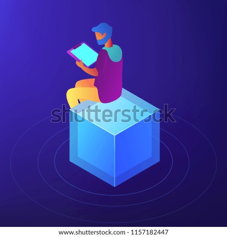 SEO specialist with clipboard working on content strategy. SEO content writer and copywriter, content strategist, report and analysis concept. Blue violet background. Vector 3d isometric illustration.