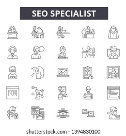 Seo specialist line icon signs.  Linear vector outline illustration set concept.