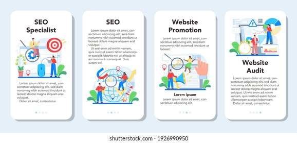Juego de banners para aplicaciones móviles especializadas en SEO. Idea de optimización de motores de búsqueda para sitios web como estrategia de marketing. Promoción de páginas web en Internet, auditoría de desarrollo. Ilustración plana del vector