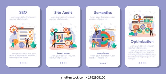 SEO specialist mobile application banner set. Idea of search engine optimization for website as marketing strategy. Web page promotion in the internet, site audit. Vector flat illustration