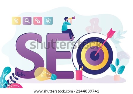 SEO specialist optimize websites for search engines. Marketing strategy and market research. Manager looking new idea for webpage optimization. Seo analytics. Target with dart. Vector illustration