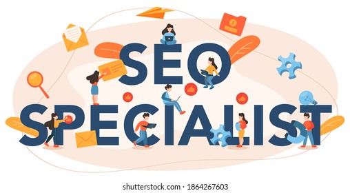 SEO specialist typographic header. Idea of search engine optimization for website as marketing strategy. Web page promotion in the internet. Vector illustration in cartoon style