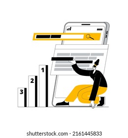 Un especialista en SEO está trabajando en la selección de palabras clave para la promoción de sitios web en los motores de búsqueda. Ilustración vectorial sobre el tema de SEO y la promoción de sitios web en Internet.