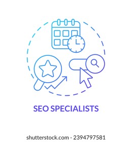 Seo specialists blue gradient concept icon. Website ranking. Search engine optimization. Content strategy. Digital marketing abstract idea thin line illustration. Isolated outline drawing