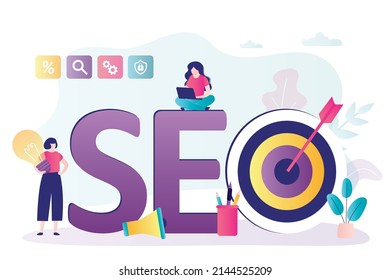 SEO specialists optimize websites for search engines. Marketing strategy and market research. Woman offers new idea for webpage optimization. Seo analytics. Target with dart. Flat vector illustration