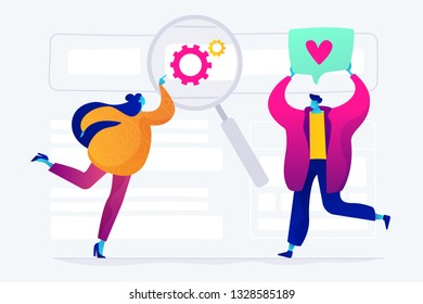 SEO specialists work on high-quality organic search traffic for websites. SEO analytics team, SEO optimization, internet promotion concept. Bright vibrant violet vector isolated illustration