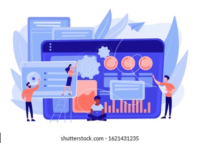 SEO specialists work on high-quality organic search traffic for websites. SEO analytics team, SEO optimization, internet promotion concept. Pinkish coral bluevector isolated illustration