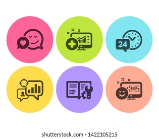 Seo statistics, 24h service and Engineering documentation icons simple set. Dating, Medical analytics and Smile signs. Analytics chart, Call support. Technology set. Flat seo statistics icon. Vector
