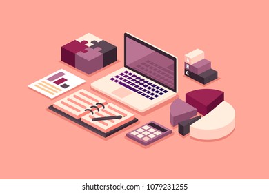 SEO. statistics. charts. network. isometric vector illustration.