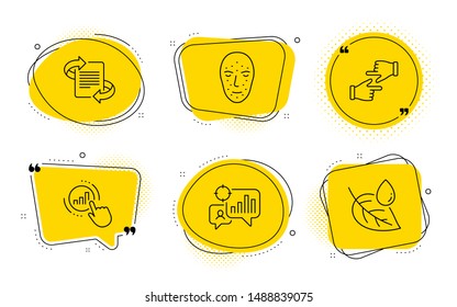 Seo statistics, Face biometrics and Leaf dew signs. Chat bubbles. Marketing, Graph chart and Click hands line icons set. Article, Get report, Direction. Analytics chart. Business set. Vector