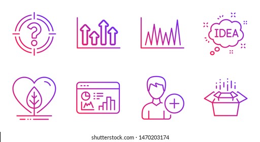 Seo statistics, Headhunter and Upper arrows line icons set. Add person, Local grown and Line graph signs. Idea, Packing boxes symbols. Analytics chart, Aim with question mark. Business set. Vector
