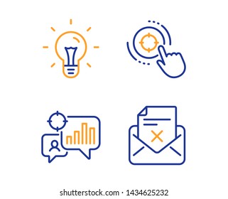 Seo statistics, Idea and Seo target icons simple set. Reject letter sign. Analytics chart, Light bulb, Click aim. Delete mail. Technology set. Linear seo statistics icon. Colorful design set. Vector
