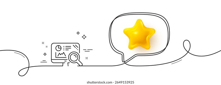 Icono de línea de estadísticas Seo. Línea continua con estrella 3D. Signo del motor de Búsqueda. Símbolo de gráfico de análisis. Estrella 3D en la burbuja del discurso. Cinta de una sola línea de análisis Seo. Patrón de curva de bucle. Vector