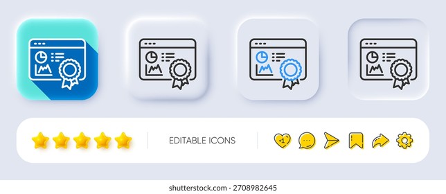 Seo statistics line icon. Neumorphic, Flat shadow, 3d buttons. Search engine certificate sign. Analytics chart symbol. Line seo certificate icon. Social media icons. Vector