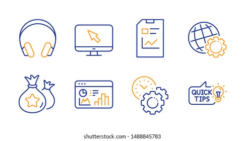 Seo statistics, Loyalty points and Globe line icons set. Time management, Headphones and Report document signs. Internet, Education idea symbols. Analytics chart, Money bags. Technology set. Vector