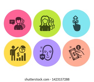 Seo statistics, Swipe up and Uv protection icons simple set. Women headhunting, People and Payment method signs. Analytics chart, Touch technology. People set. Flat seo statistics icon. Circle button