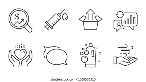 Seo statistics, Talk bubble and Send box line icons set. Hold heart, Medical syringe and Clean bubbles signs. Currency audit, Wind energy symbols. Quality line icons. Seo statistics badge. Vector