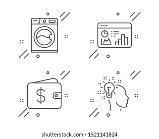 Seo statistics, Washing machine and Dollar wallet line icons set. Idea sign. Analytics chart, Laundry service, Cash money. Creative designer. Business set. Line seo statistics outline icon. Vector