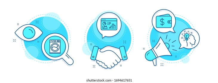 Seo statistics, Washing machine and Dollar wallet line icons set. Handshake deal, research and promotion complex icons. Idea sign. Analytics chart, Laundry service, Cash money. Vector