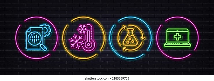 Seo Stats, Chemistry Experiment And Freezing Minimal Line Icons. Neon Laser 3d Lights. Medical Help Icons. For Web, Application, Printing. Cogwheel, Laboratory Flask, Air Conditioning. Vector