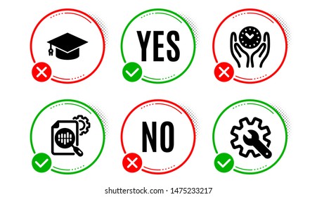 Seo stats, Graduation cap and Safe time icons simple set. Yes no check box. Customisation sign. Cogwheel, University, Management. Settings. Science set. Seo stats icon. Check mark. Vector