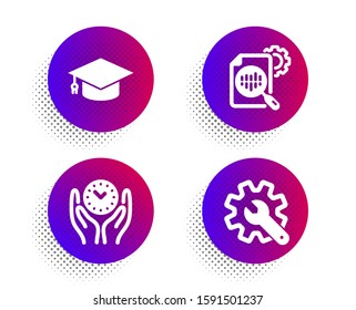 Seo stats, Graduation cap and Safe time icons simple set. Halftone dots button. Customisation sign. Cogwheel, University, Management. Settings. Science set. Classic flat seo stats icon. Vector