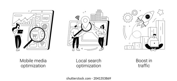 SEO strategy abstract concept vector illustration set. Mobile media optimization, local search, boost in traffic, search engine targeting, business digital promotion, visitor growth abstract metaphor.