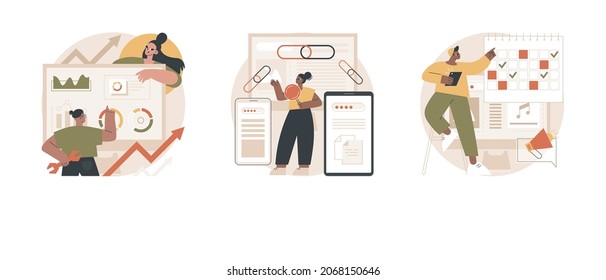 SEO strategy abstract concept vector illustration set. SEO optimization, link building, media planning, keyword optimization, page rank algorithm, online digital marketing tools abstract metaphor.